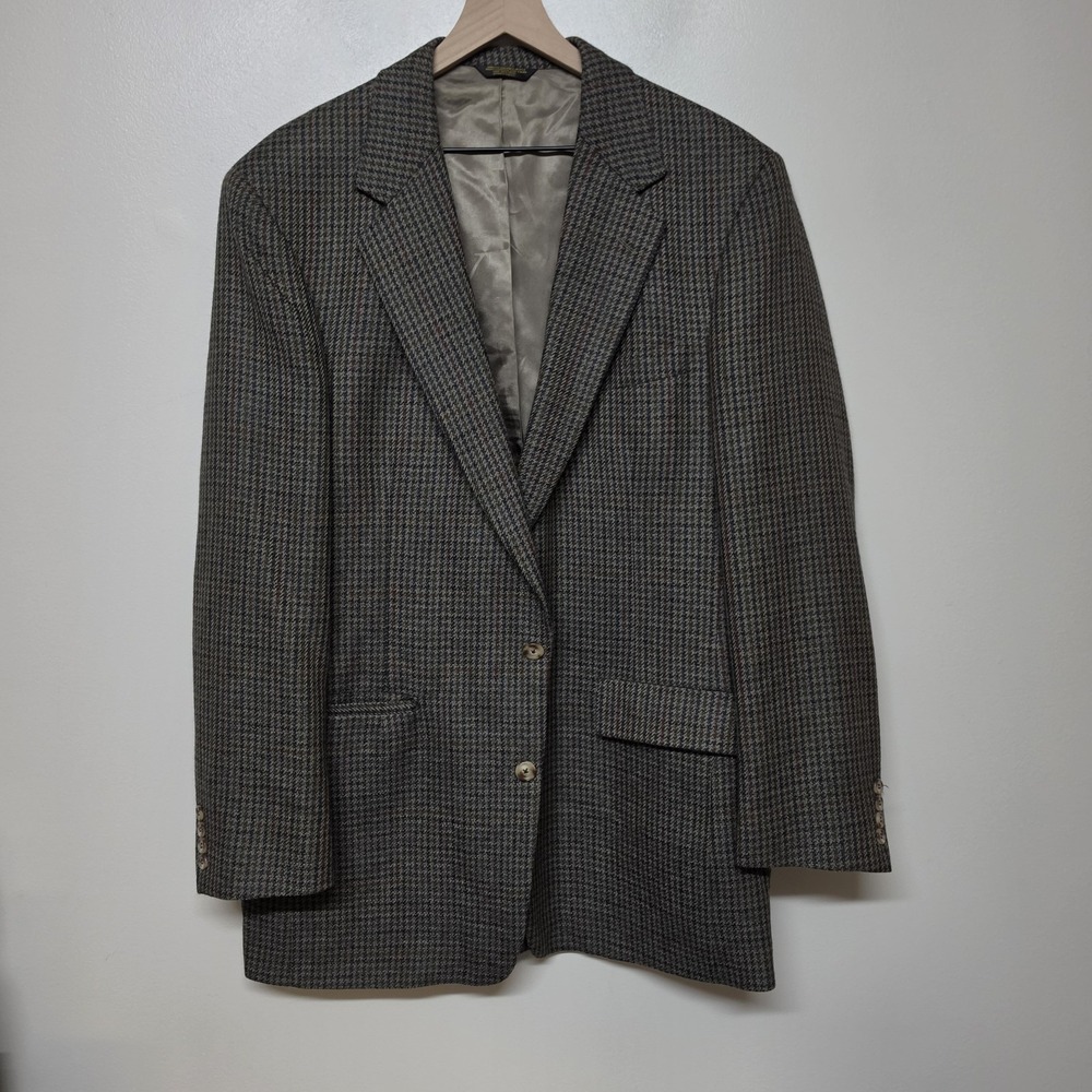 Paul Stuart Wool Tweed Sport Coat Blazer 46L Houndstooth Overcheck‎ USA Vintage